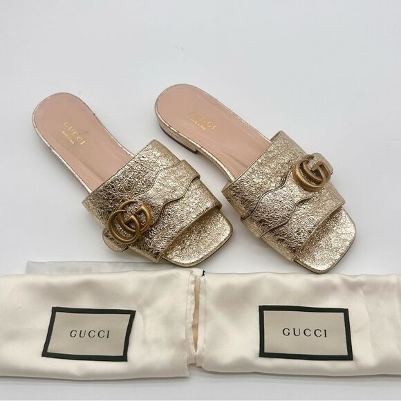 Gucci Shoes - Gucci Marmont Double G Slide Sandals Gold Metallic Leather GG Flat EU 36 US 6